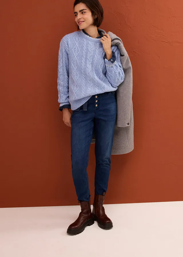 Termo džíny s hebkou vnitřní stranou, Boyfriend, Mid Waist • tmavě modrý denim used • bonprix obchod