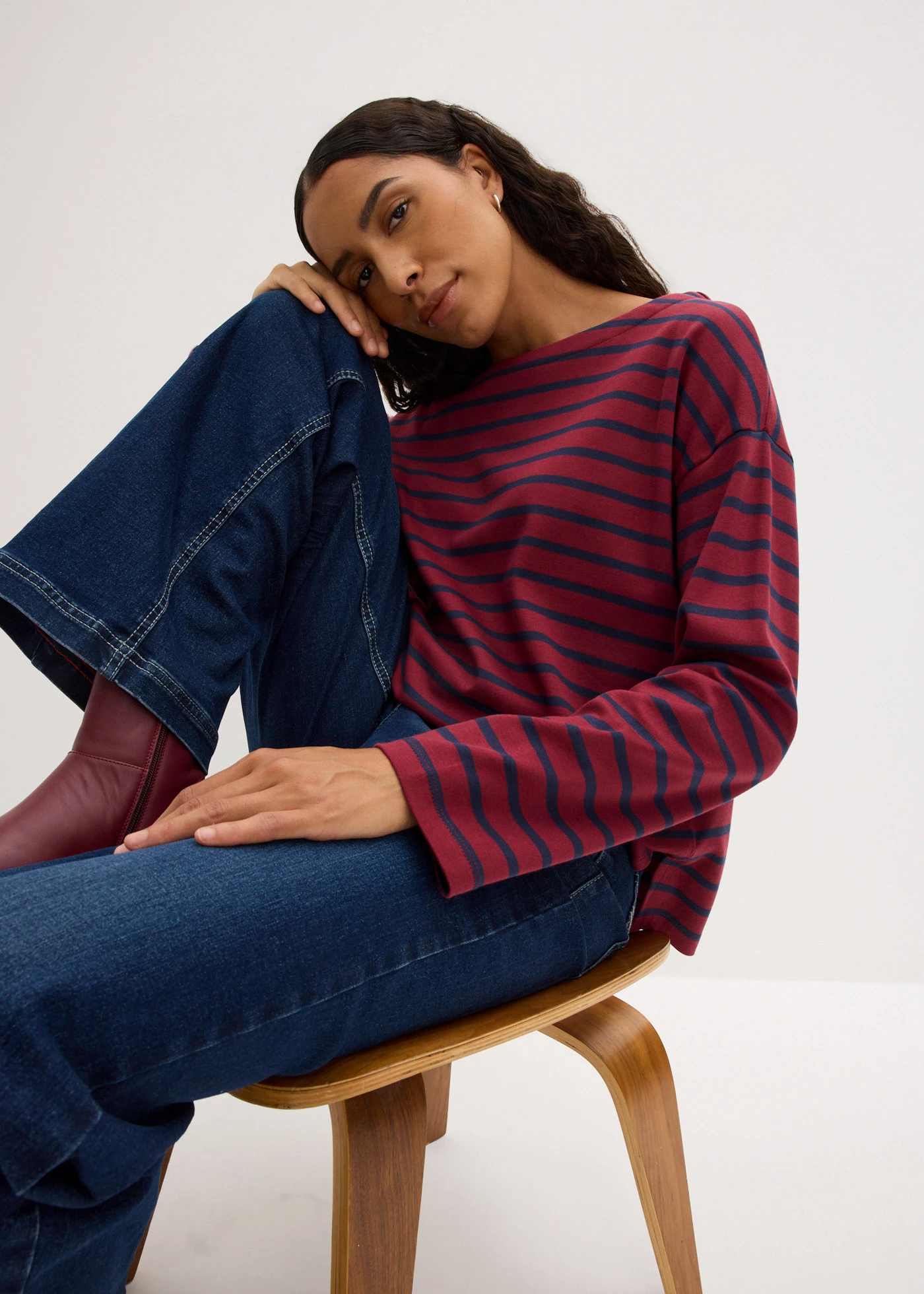 Bluză cu mâneci lungi din bumbac organic 100% (set/2 buc.) • roșu-rubiniu/bleumarin cu dungi + negru/alb cu dungi • magazin bonprix