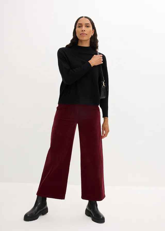 Wijde corduroy broek met high-waist comfortband, Kleur: donkerbessen