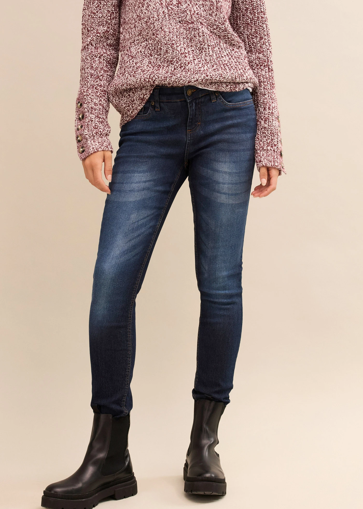 Skinny stretch jeans mid waist • donkerblauw used • bonprix online shop