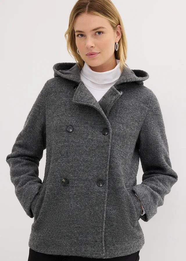 Peacoat van zacht bouclé, Kleur: zwart-wolwit gemêleerd