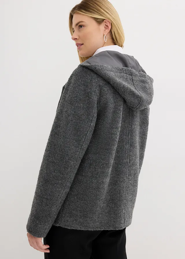 Caban en maille bouclette douce, Couleur: noir/écru chiné