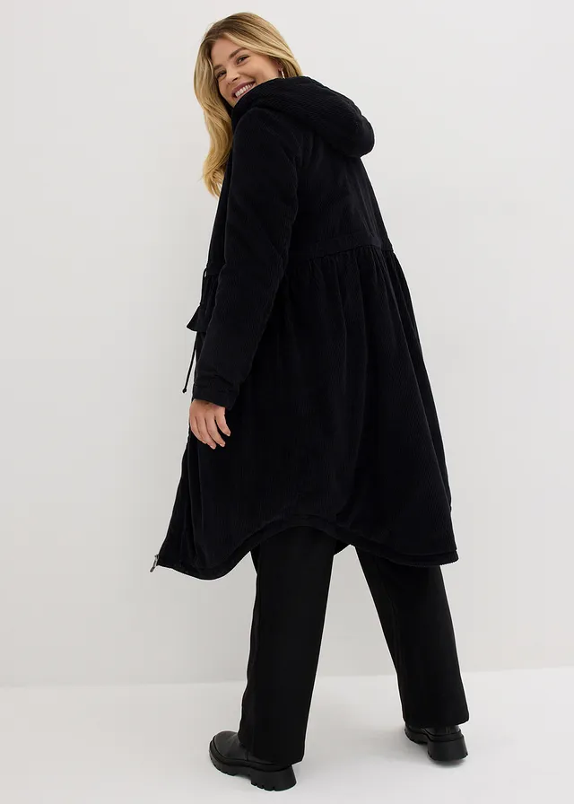 Lange corduroy jas van puur katoen met teddy fleece capuchon • zwart • product-page.page-title-suffix