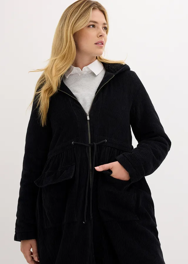 Lange corduroy jas van puur katoen met teddy fleece capuchon • zwart • product-page.page-title-suffix