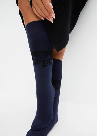 3 paires de chaussettes hautes thermiques avec intérieur éponge doux, coton majoritaire • noir + noir imprimé + bleu foncé imprimé • Boutique bonprix