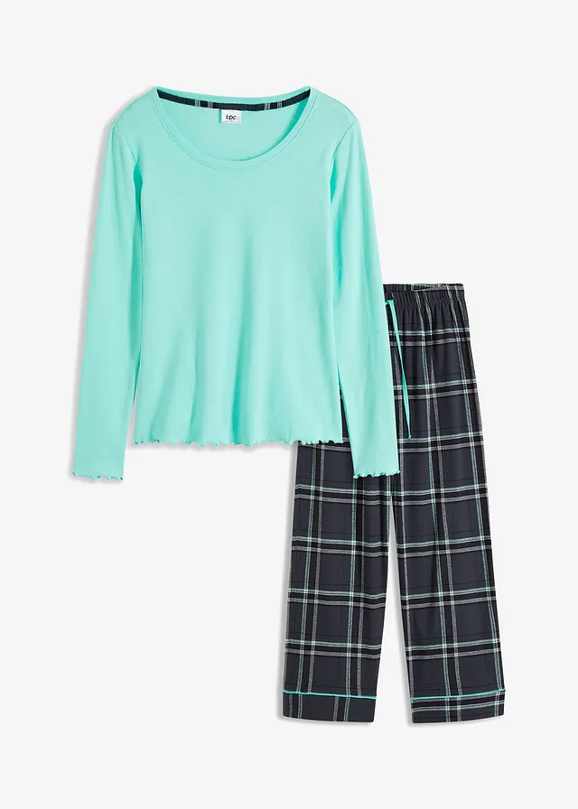 Pijama cu bluză ripsată și pantaloni din flanelă