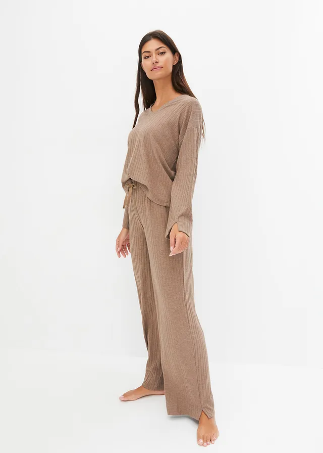 Ensemble d’intérieur à jambe large en matière côtelée douce, Couleur: taupe