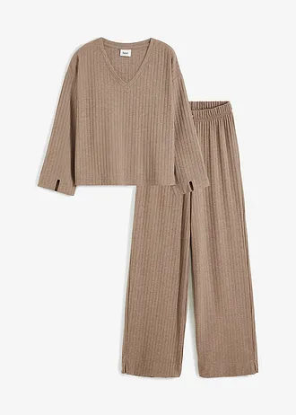 Geribde pyjama met wijde pijpen van zacht materiaal (2-dlg. set), Kleur: taupe