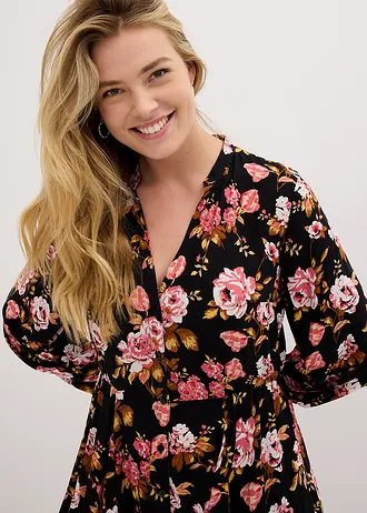 Košilové šaty z viskózy • černá -přírodní bílá-cihlově hnědá-bronzová-kapučíno-kari-krémově meruňková-granátové jablko-kouřově růžová-pastelově růžová s květy • bonprix obchod