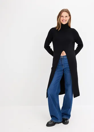 Lange trui met split, Kleur: zwart