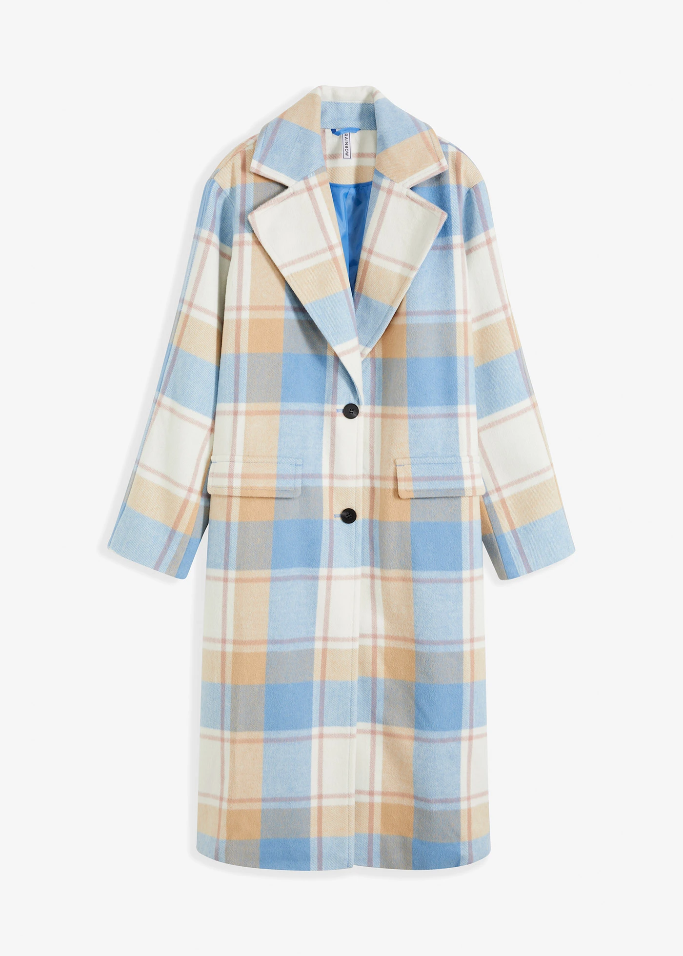 Płaszcz oversize z materiału z imitacji wełny • niebieski brylantowy-biel wełny -latte macchiato-różowobrązowy w kratę • sklep bonprix