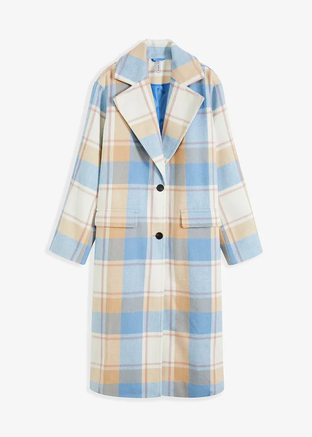 Płaszcz oversize z materiału z imitacji wełny • niebieski brylantowy-biel wełny -latte macchiato-różowobrązowy w kratę • sklep bonprix