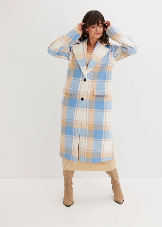 Manteau oversize, Couleur: bleu brillant-écru-latte macchiato-bois de rose carreaux