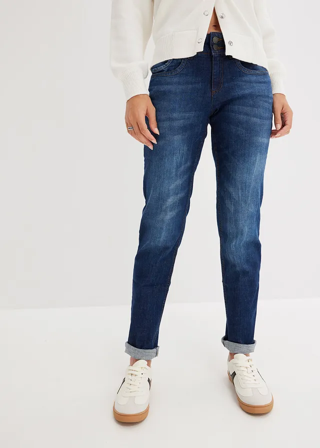 Mom jeans met mid waist, Kleur: blauw used