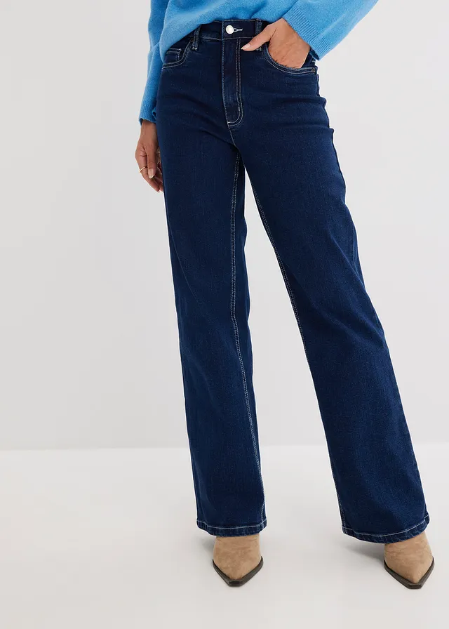 Jean large taille haute, coton, Couleur: bleu nuit denim