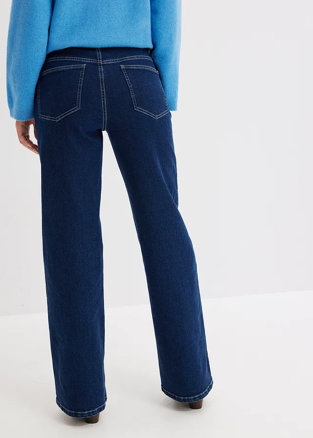 Jean large taille haute, coton, Couleur: bleu nuit denim