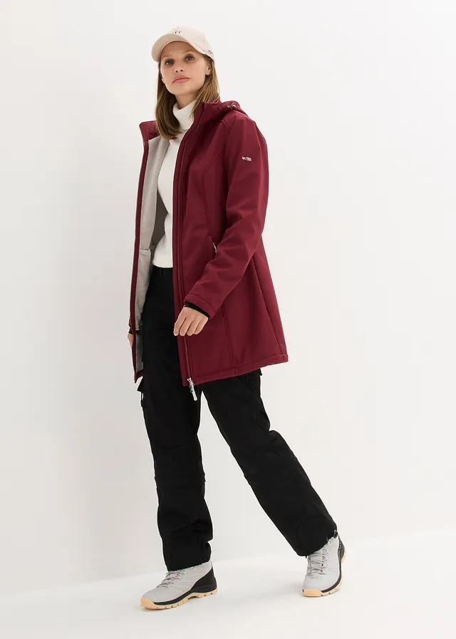 Lange, waterafstotende outdoor softshell jas met teddyfleece, Kleur: esdoornrood