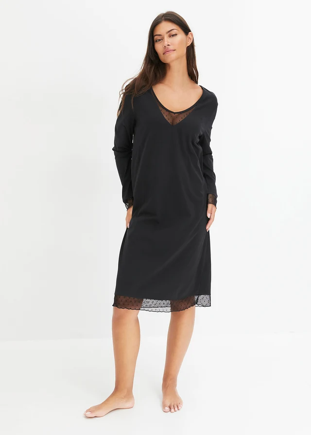 Chemise de nuit en coton avec empiècements dentelle • noir • Boutique bonprix