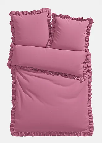 Dekbedovertrek linon met ruches, Kleur: bessensorbet