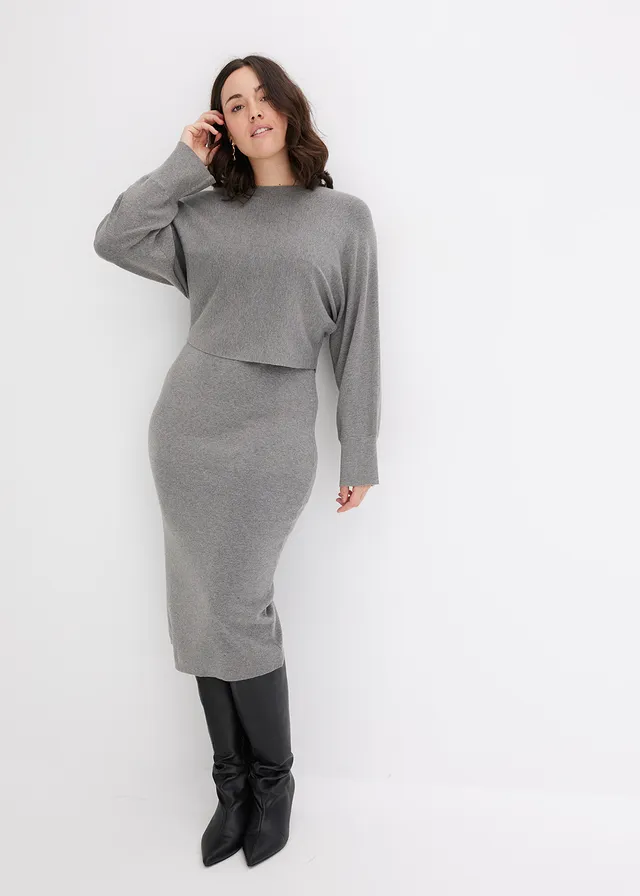 Gebreide jurk en shirt (2-dlg. set), Kleur: grijs gemêleerd