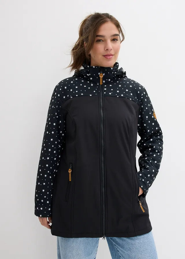 Outdoor softshell parka met teddy fleece, Kleur: zwart gedessineerd