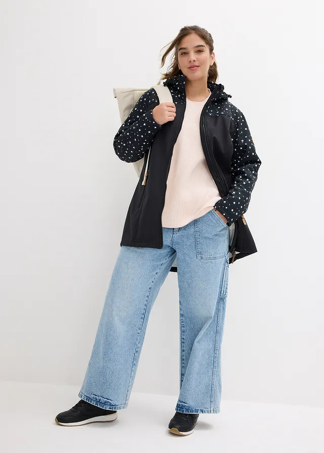 Outdoor softshell parka met teddy fleece, Kleur: zwart gedessineerd