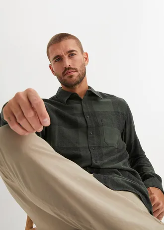 Flanellen overhemd met lange mouwen van zacht katoen • olijfgroen geruit • bonprix online shop