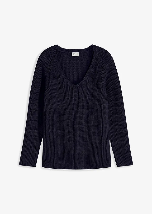 Pull côtelé 100% coton, Couleur: bleu foncé