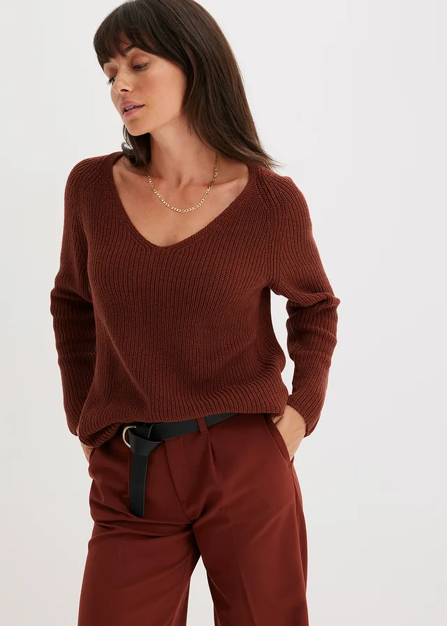 Pull côtelé 100% coton, Couleur: acajou