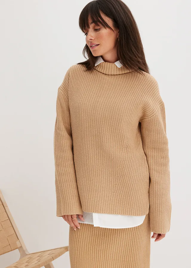 Pull col roulé 100% coton, Couleur: latte macchiato