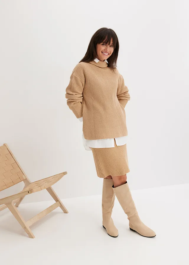 Pull col roulé 100% coton, Couleur: latte macchiato