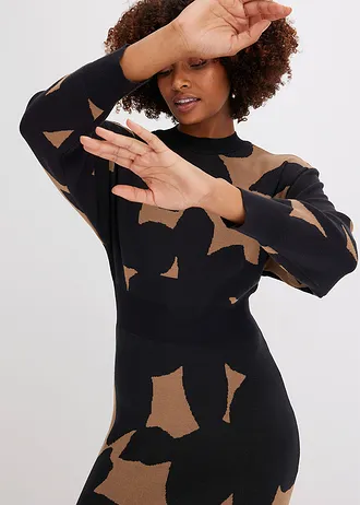 Robe midi en maille • beige-noir floral • Boutique bonprix