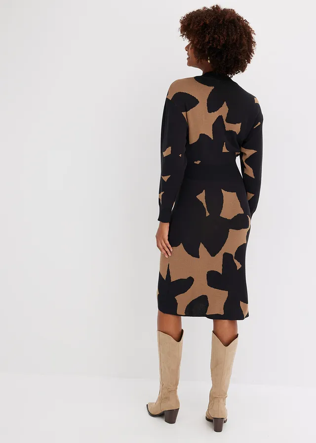 Robe midi en maille, Couleur: beige-noir floral