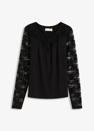 Triko s dlouhým rukávem a krajkou • černá • bonprix obchod