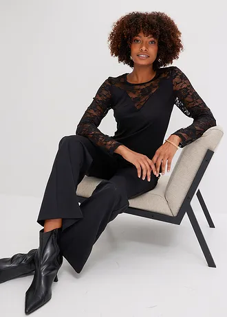 Triko s dlouhým rukávem a krajkou • černá • bonprix obchod