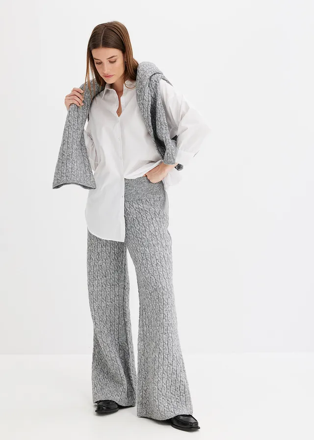 Gebreide broek met kabelpatroon, Kleur: grijs gemêleerd