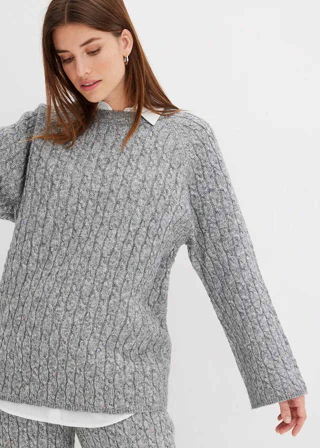 Oversize svetr s copánkovým vzorem • šedý melír • bonprix obchod