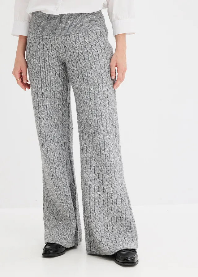 Gebreide broek met kabelpatroon, Kleur: grijs gemêleerd