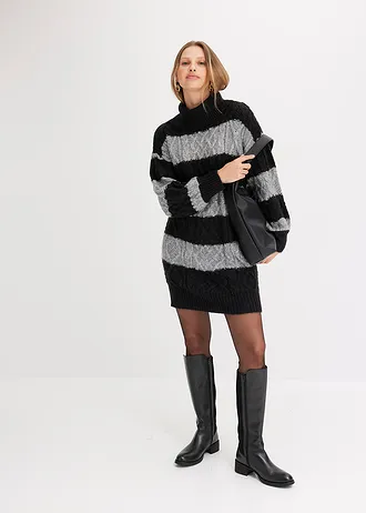 Pletené šaty s proužky, barva: černá /šedý melír s proužky