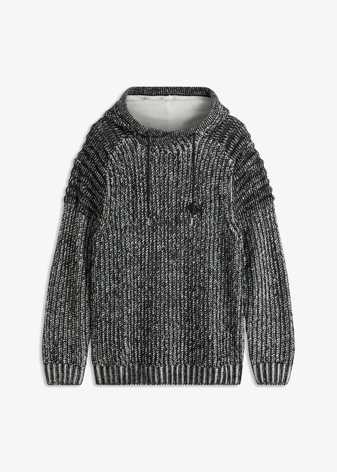 Pulover cu glugă și detalii biker rafinate, din tricot cu ochiuri mari • negru/alb melanj • magazin bonprix