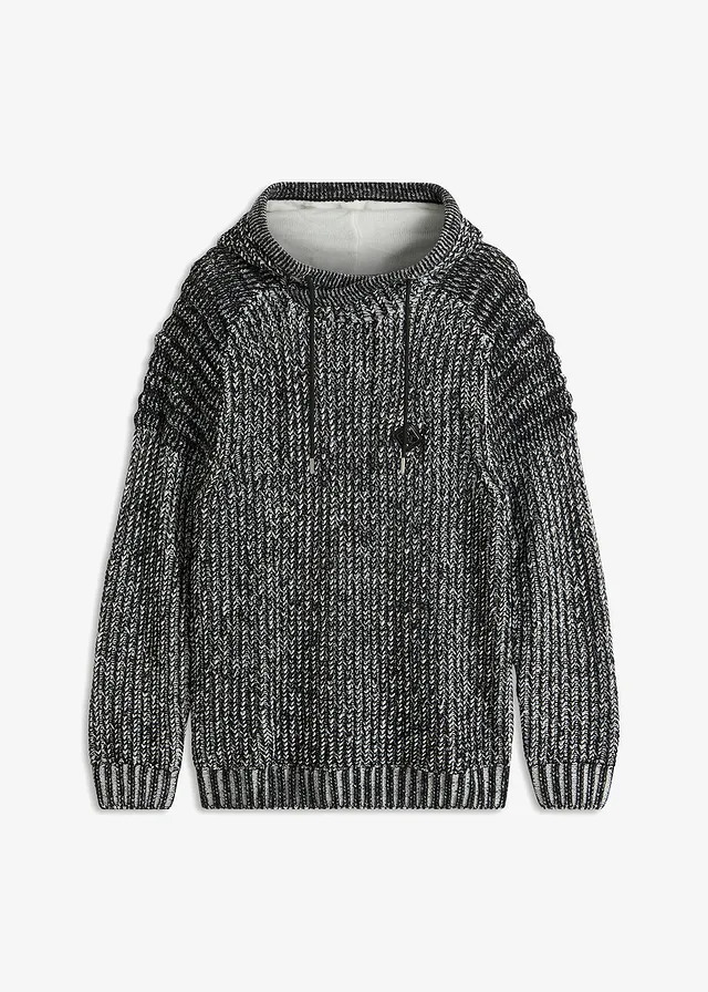 Pulover cu glugă și detalii biker rafinate, din tricot cu ochiuri mari • negru/alb melanj • magazin bonprix