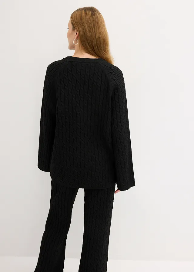 Pull oversize en maille torsadée, Couleur: noir