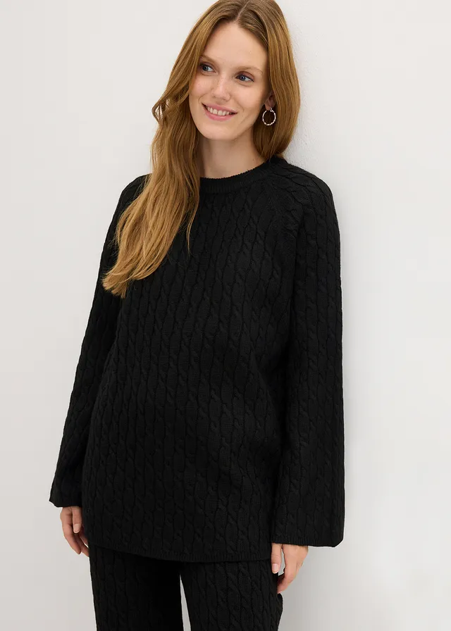 Oversized trui met kabelpatroon, Kleur: zwart