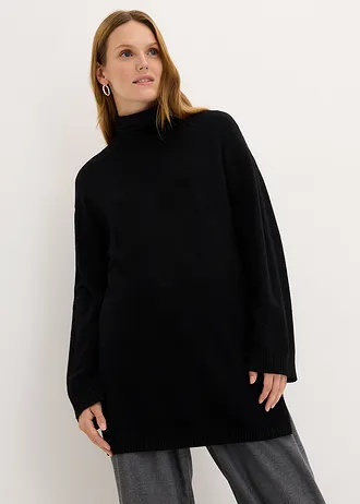 Lange, fijngebreide trui met zijsplitten, Kleur: zwart