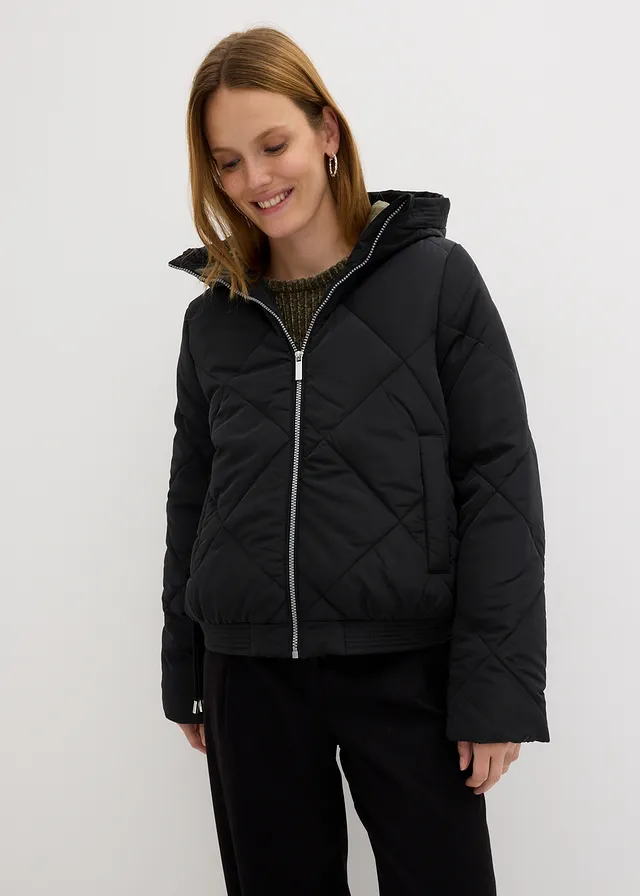 Veste matelassée courte avec doublure contrastante, Couleur: noir/olive foncé