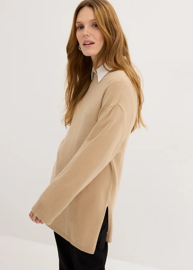 Pull long en fine maille fendu sur les côtés • camel chiné • product-page.page-title-suffix