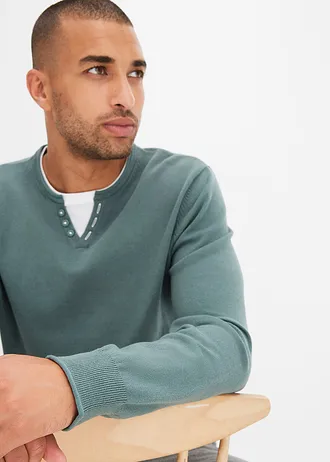 Pulover din tricot fin cu aspect „2 în 1” din material moale cu bumbac • gri/verde • magazin bonprix