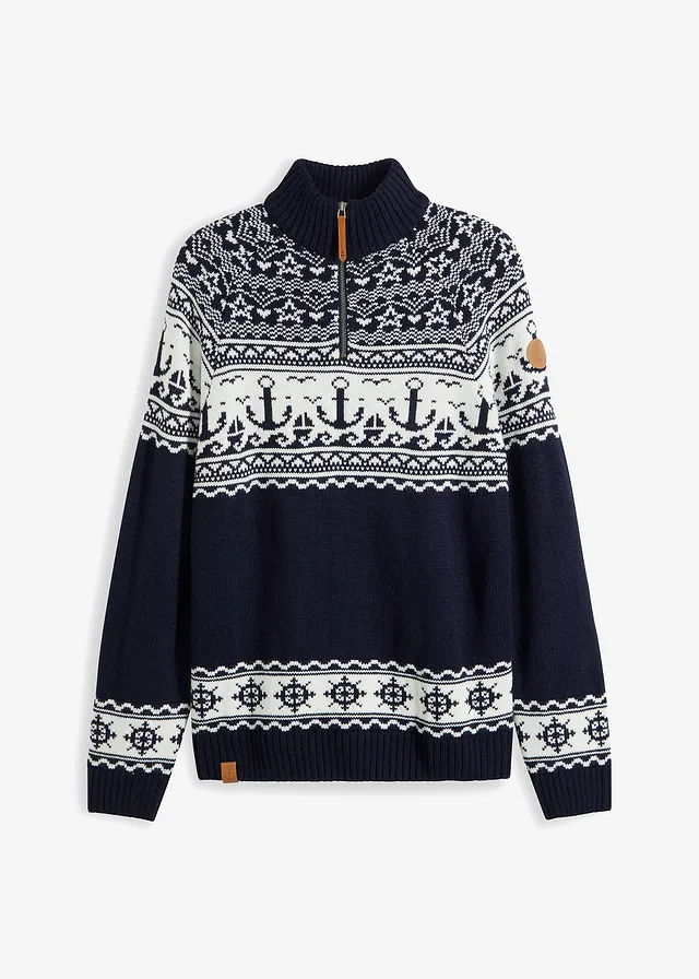 Pulover maritim cu model norvegian, cu guler troyer cu fermoar