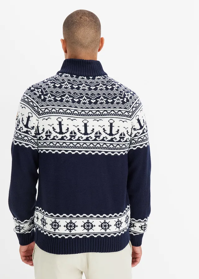 Pulover maritim cu model norvegian, cu guler troyer, culoare: bleumarin