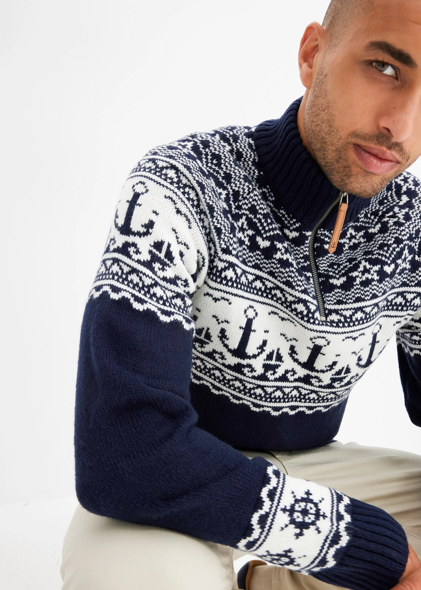 Pulover maritim cu model norvegian, cu guler troyer • bleumarin • magazin bonprix